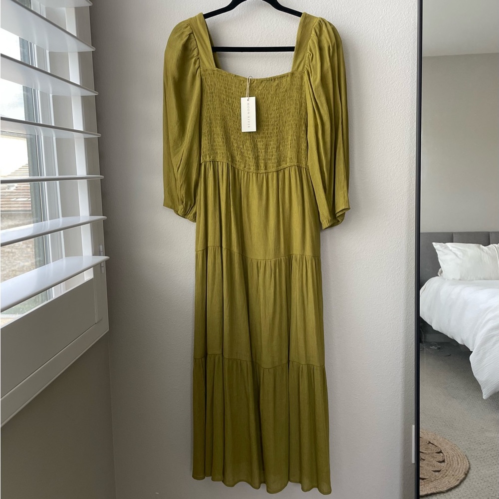 Moon River Smocked Long Sleeve Tiered Maxi Dress